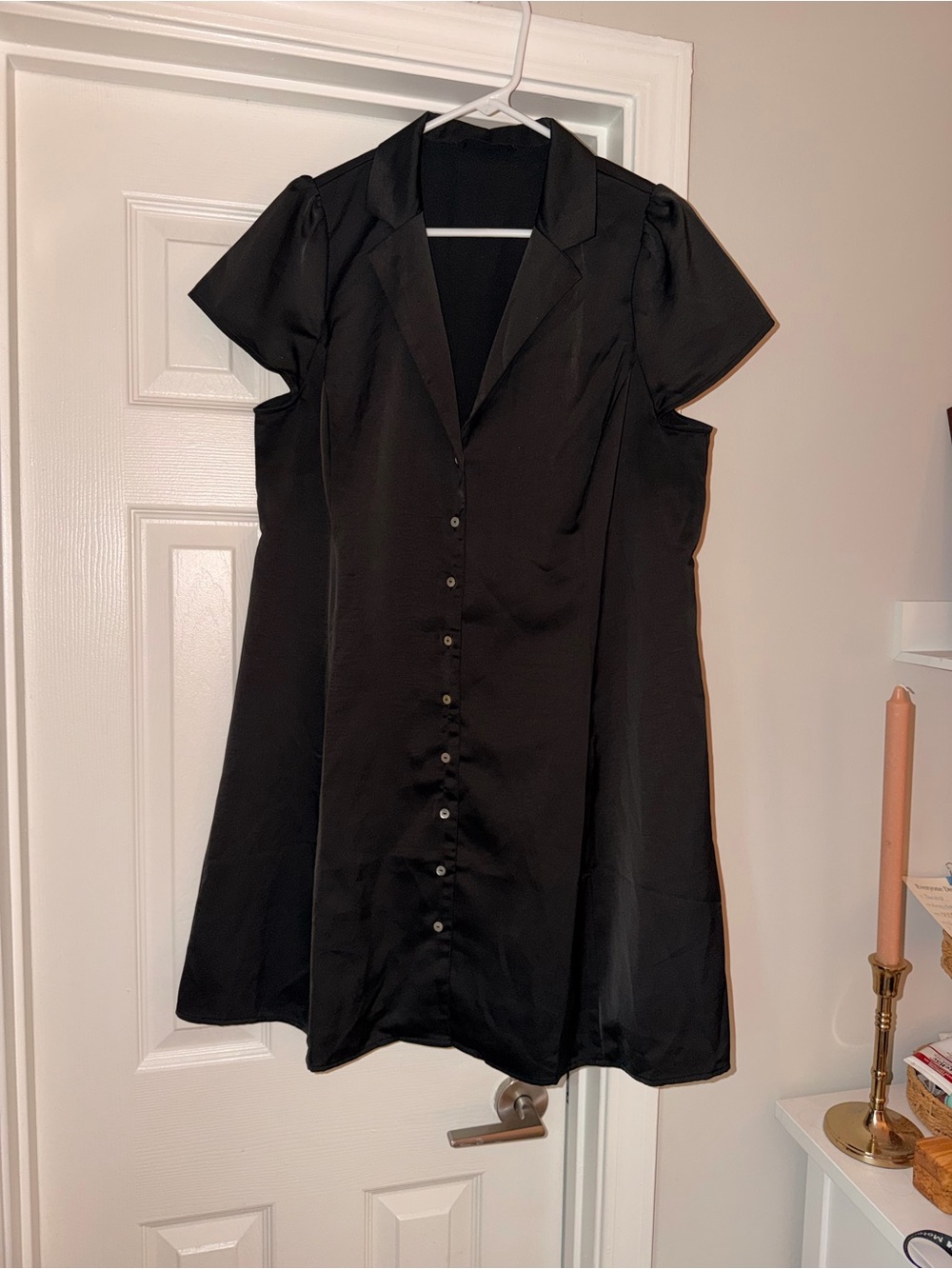 Black Button-Front Short Sleeve Dress